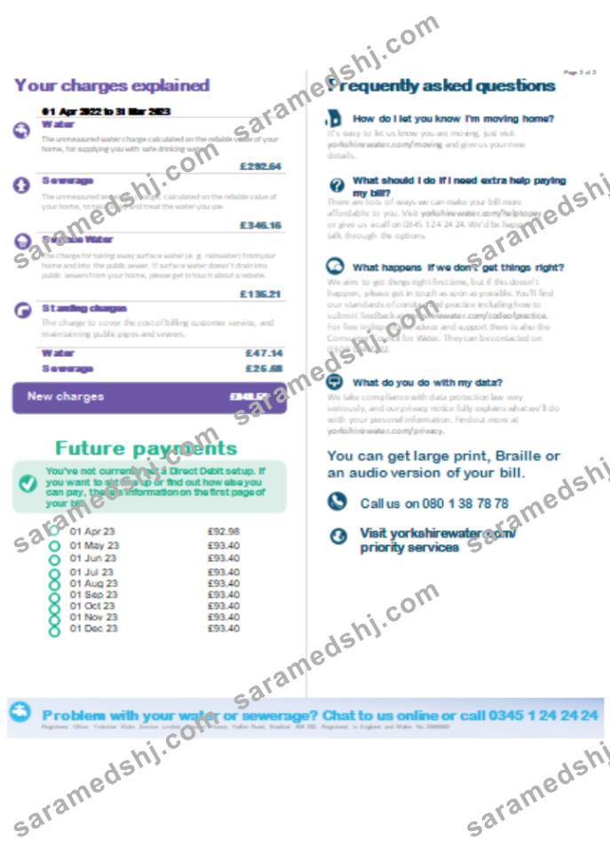 Yorkshire water utility business bill,  page 2 SCR